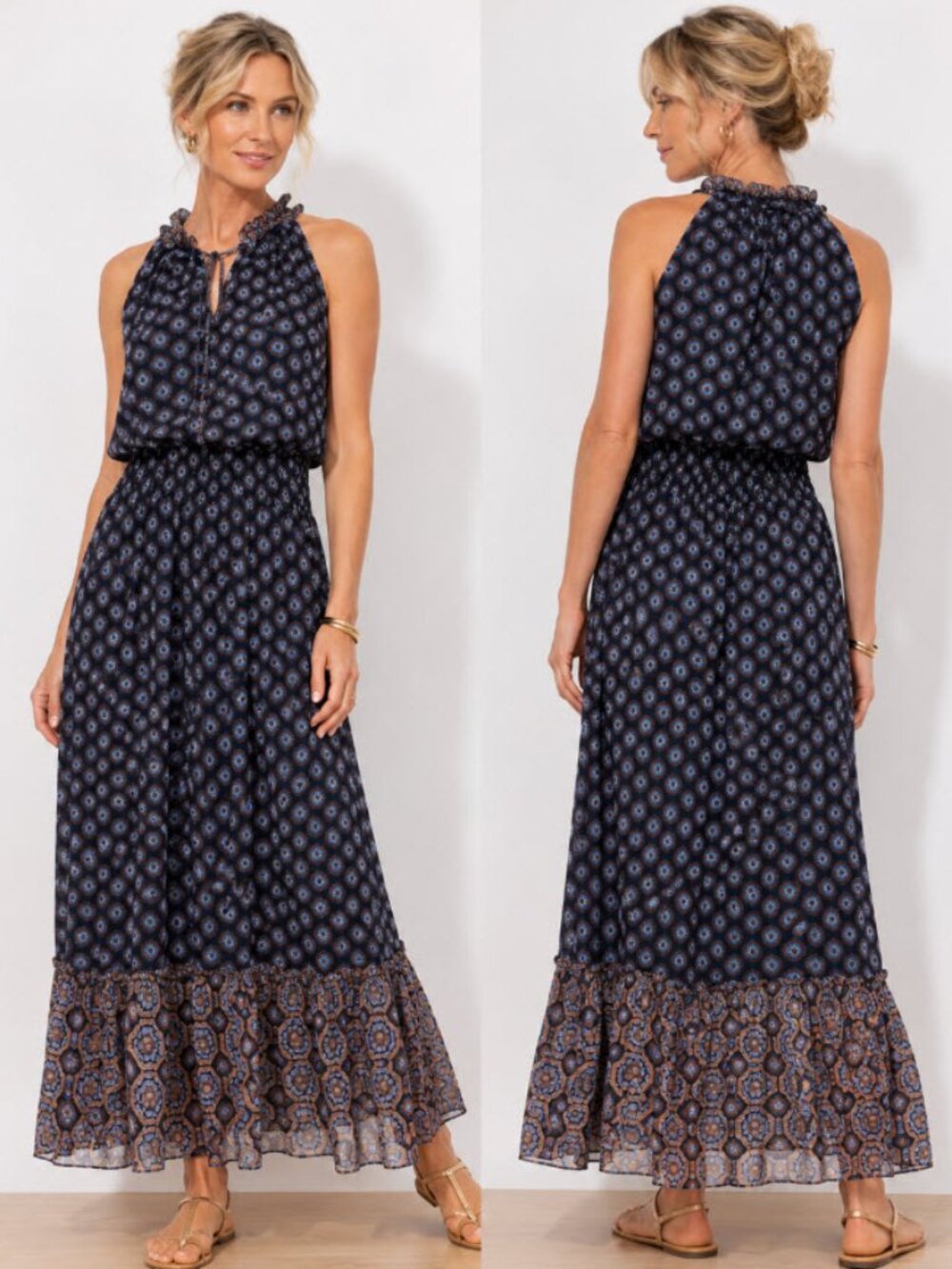 Ramy Brook Silk Printed Maxi Dress Smocked Waist Ruffle Hem Large Chic Flowy